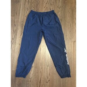 Vintage 90s Reebok Mens XL Navy Large Spell Out Logo Leg Nylon Windbreaker Pants